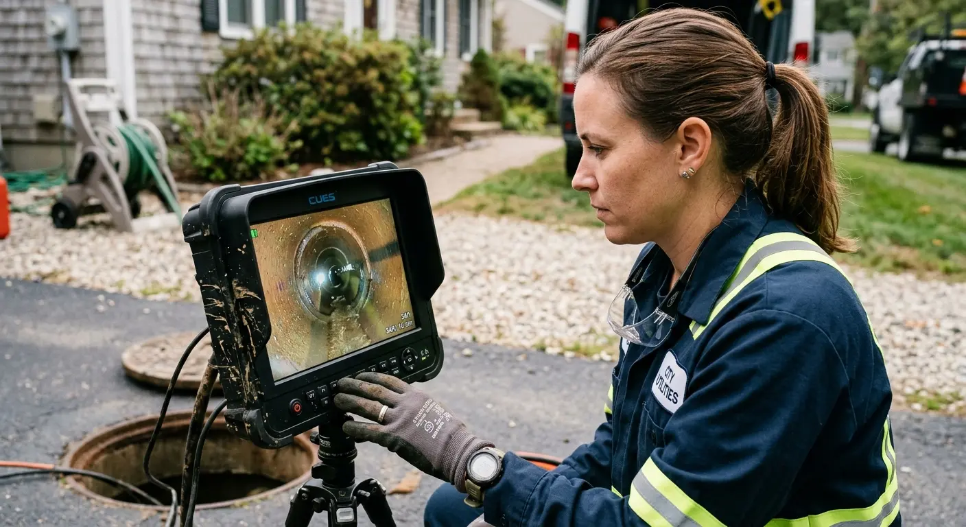 Technician reviewing sewer camera inspection footage in Mechanicville