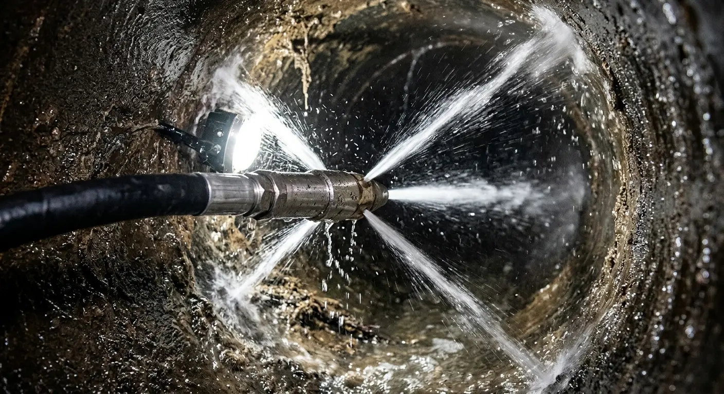 High-pressure hydro jetting nozzle cleaning sewer pipe for Sewer Cleanout in Mechanicville