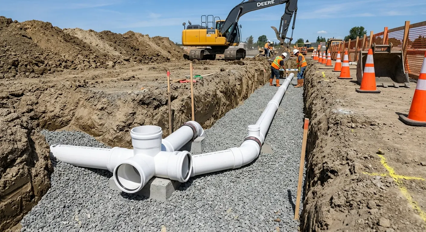 New PVC sewer pipe installation in open trench for Commercial Drain Cleaning in Mechanicville