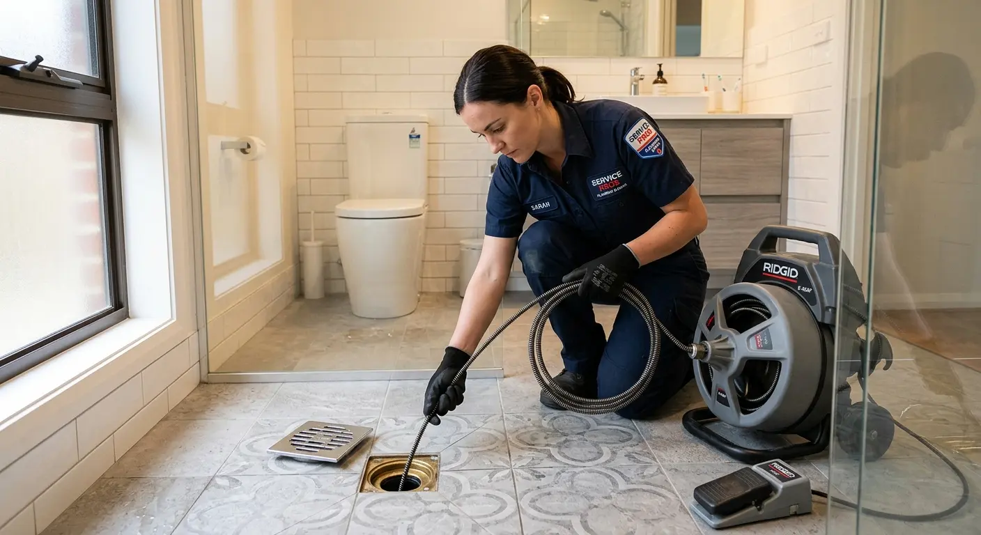 Technician clearing a bathroom floor drain for Sewer Line Installation in Mechanicville